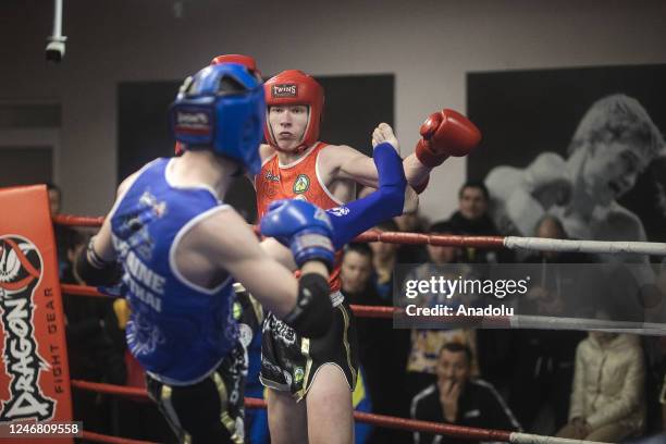 Muay thai players in action during the first round of Ukrainian Cup at Muay Thai Federation of Odesa region, in Odessa, Ukraine on February 04, 2023....