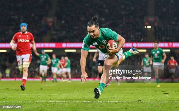 Wales , United Kingdom - 4 February 2023; James Lowe of Ireland scores his side's third try during the Guinness Six Nations Rugby Championship match...