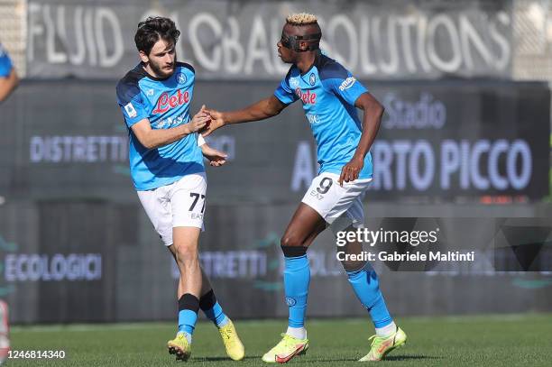 Khvicha Kvaratskhelia of Napoli SSC celebrates after scoring a goal with Victor James Osimhen of Napoli SSC during the Serie A match between Spezia...