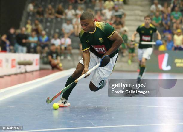Lungani Gabela of South Africa in action during the FIH Indoor Hockey World Cup, Men's pool B match between Australia and South Africa at Heartfelt...