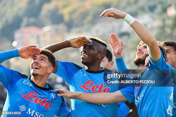 Napoli's Nigerian forward Victor Osimhen celebrates after scoring during the Italian Serie A football match between Spezia and Napoli on February 5,...