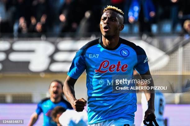 Napoli's Nigerian forward Victor Osimhen celebrates after scoring his side's second goal during the Italian Serie A football match between Spezia and...