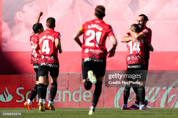 Vedat Muriqi Centre-Forward of Mallorca and Kosovo celebrates after scoring his sides first goal during the LaLiga Santander match between RCD...