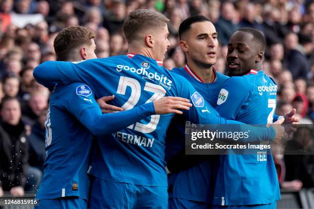 Anwar El Ghazi of PSV celebrates 0-1 with Guus Til of PSV, Jordan Teze of PSV, Joey Veerman of PSV during the Dutch Eredivisie match between...