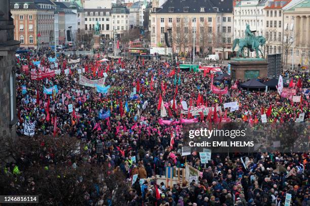 Protesters gather on Christiansborg Square in front of the Danish Parliament in Copenhagen, Denmark, during a demonstration on February 5, 2023...