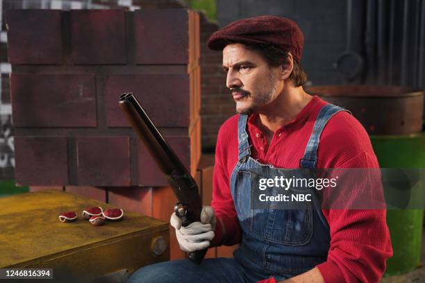 Pedro Pascal, Coldplay Episode 1838 -- Pictured: Host Pedro Pascal as Mario during the New Video Game Series sketch on Saturday, February 4, 2023 --