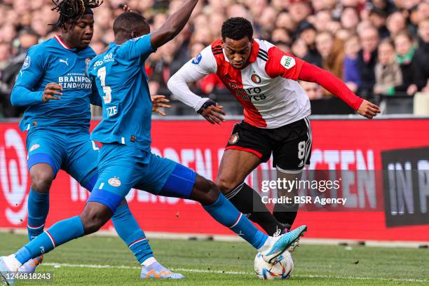 Jordan Teze of PSV, Quinten Timber of Feyenoord during the Dutch Eredivisie match between Feyenoord and PSV at Stadion Feijenoord on February 5, 2023...