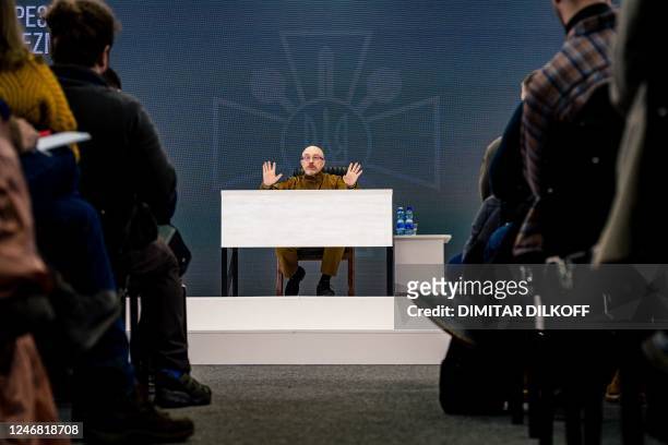 Ukrainian Defence Minister Oleksii Reznikov gestures as he speaks during a press conference in Kyiv on February 5 amid the Russian invasion of...