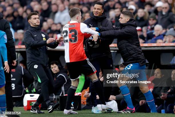 Referee Joey Kooij, Patrik Walemark of Feyenoord, Boy Waterman of PSV, Joey Veerman of PSV during the Dutch Eredivisie match between Feyenoord v PSV...