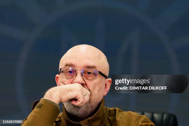 Ukrainian Defence Minister Oleksii Reznikov looks on during a press conference in Kyiv on February 5 amid the Russian invasion of Ukraine.