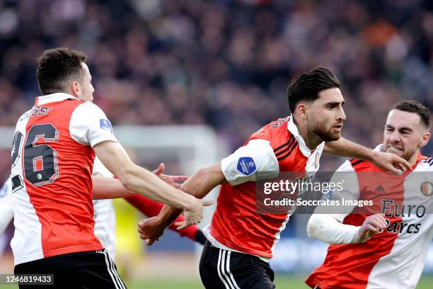 Alireza Jahanbakhsh of Feyenoord celebrates 2-2 with Oussama Idrissi of Feyenoord, Orkun Kokcu of Feyenoord during the Dutch Eredivisie match between...