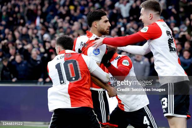 Alireza Jahanbakhsh of Feyenoord celebrates 2-2 with Lutsharel Geertruida of Feyenoord, Orkun Kokcu of Feyenoord, Patrik Walemark of Feyenoord during...