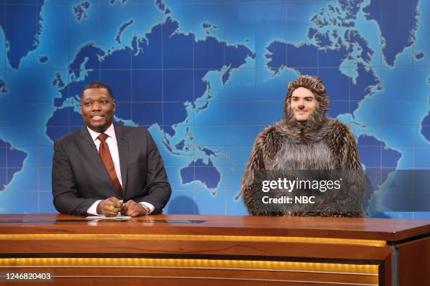 Pedro Pascal, Coldplay Episode 1838 -- Pictured: Anchor Michael Che and Michael Longfellow as groundhog Punxsutawney Phil during Weekend Update on...