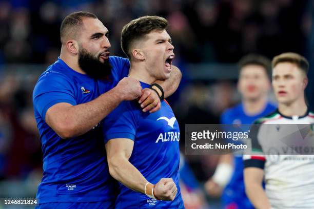 Matthieu Jalibert of France celebrates scoring last try during the Six Nations Rugby match between Italy and France at Stadio Olmpico on February 5,...