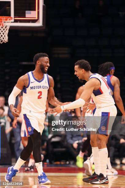 David Nwaba of the Motor City Cruise celebrates with teammate during the game against the Long Island Nets on February 4, 2023 in Uniondale, NY. NOTE...