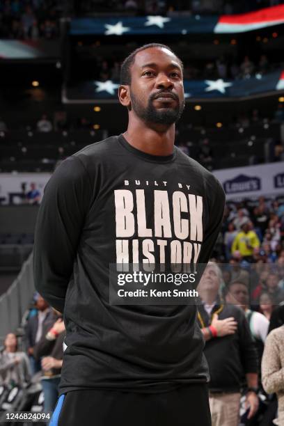 Terrence Ross of the Orlando Magic stands for the National Anthem before the game against the Charlotte Hornets on February 5, 2023 at Spectrum...