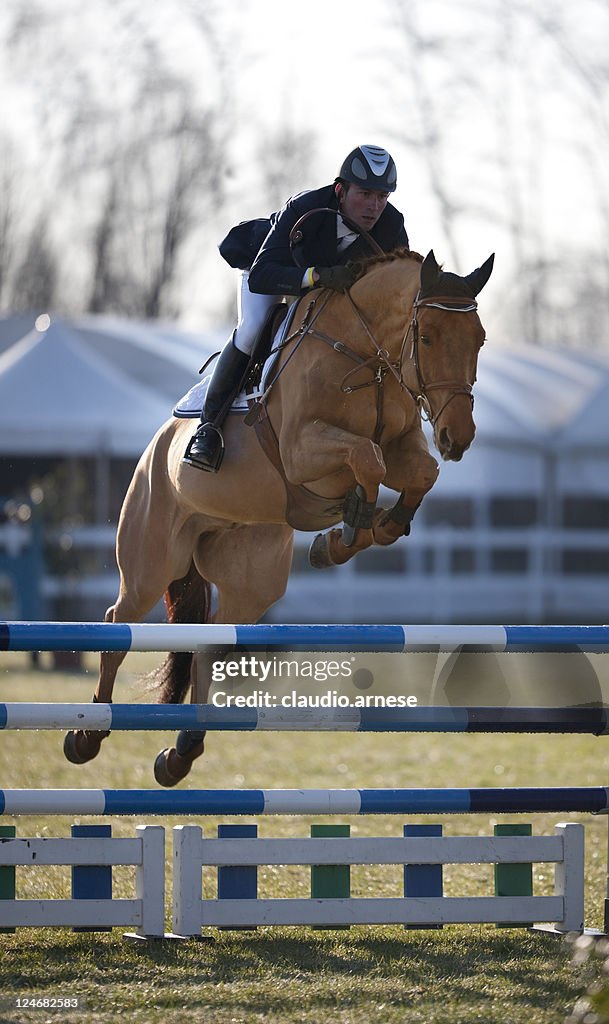 Jóquei durante um Show Jumping. Imagem a cores