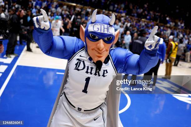 The mascot of the Duke Blue Devils performs during the game against the North Carolina Tar Heels at Cameron Indoor Stadium on February 4, 2023 in...