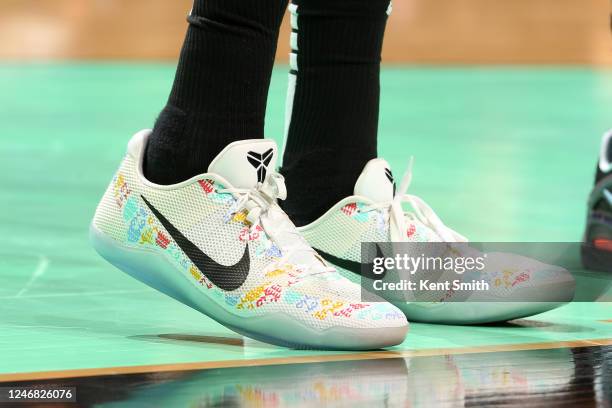 The sneakers worn by Markelle Fultz of the Orlando Magic during the game against the Charlotte Hornets on February 5, 2023 at Spectrum Center in...