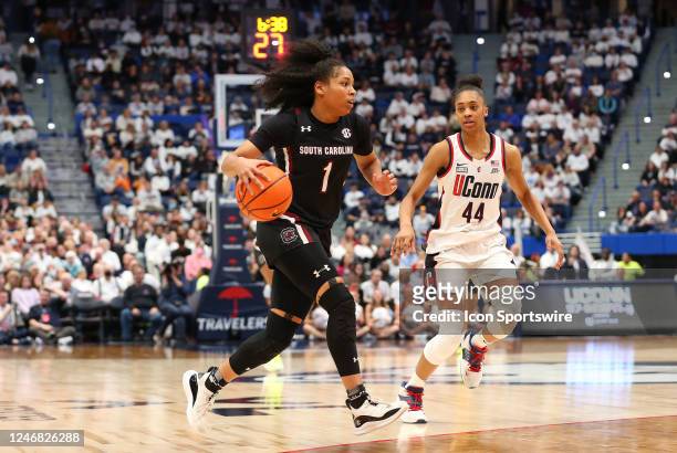 South Carolina Gamecocks guard Zia Cooke and UConn Huskies forward Aubrey Griffin in action during the women's college basketball game between South...