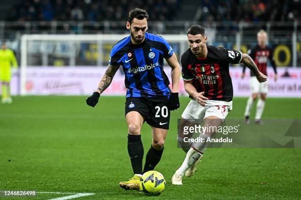 Hakan Calhanoglu of FC Internazionale in action during the Serie A football match between FC Internazionale and AC Milan at San Siro Stadium in...