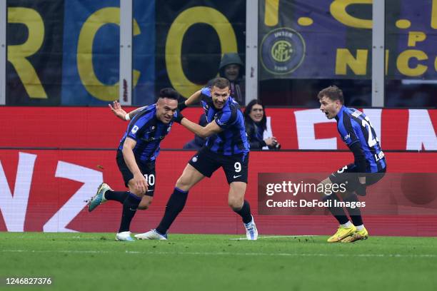 Lautaro Martinez of FC Internazionale celebrates after scoring his team's first goal during the Serie A match between FC Internazionale and AC MIlan...