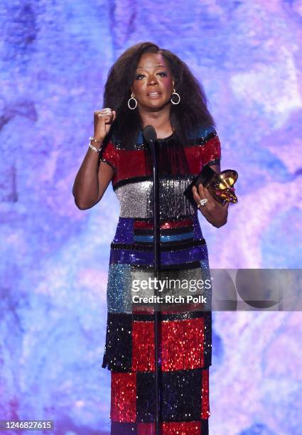 Viola Davis accepts the Best Audio Book, Narration and Storytelling Recording award at the 65th Annual GRAMMY Awards Premiere Ceremony held at...