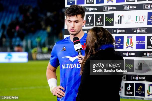 Ethan DUMORTIER of France and Cecile GRES of France TV during the Six Nations Tournament match between Italy and France at Stadio Olimpico on...