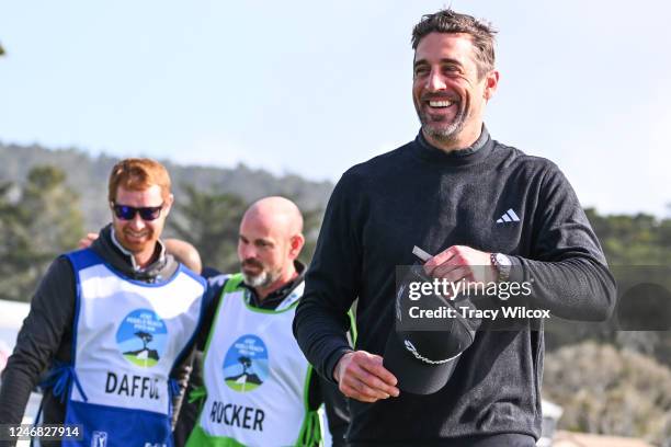 Green Bay Packers quarterback, Aaron Rodgers, wins the amateur portion during the continuation of the third round of the AT&T Pebble Beach Pro-Am at...