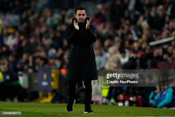 Xavi Hernandez head coach of Barcelona reacts during the LaLiga Santander match between FC Barcelona and Sevilla FC at Spotify Camp Nou on February...