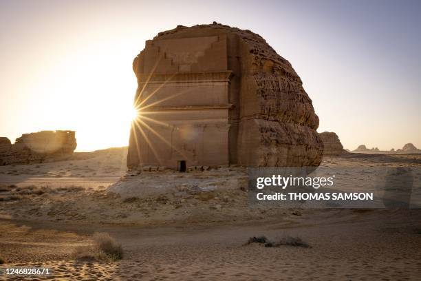Photograph shows an ancient Nabataean carved tomb at the archaeological site of al-Hijr , near the northwestern Saudi city of al-Ula, on February 3,...