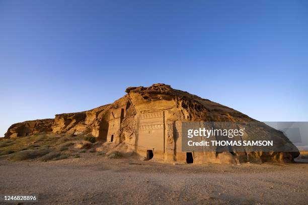 Photograph shows ancient Nabataean carved tombs at the archaeological site of al-Hijr , near the northwestern Saudi city of al-Ula, on February 3,...