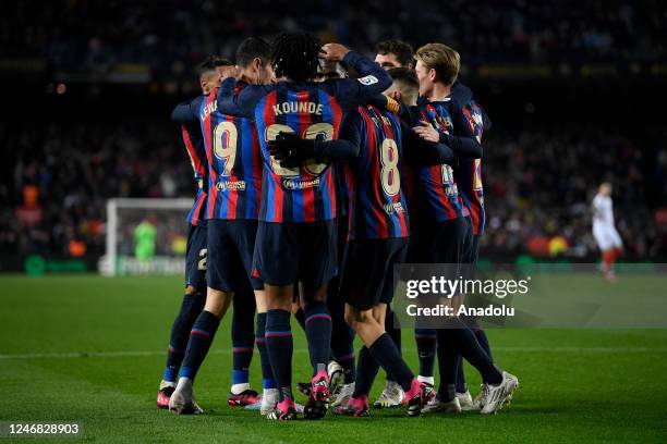 Barcelona's Spanish Gavi celebrates his goal during the Spanish league football match between FC Barcelona vs Sevilla FC at the Camp Nou stadium in...