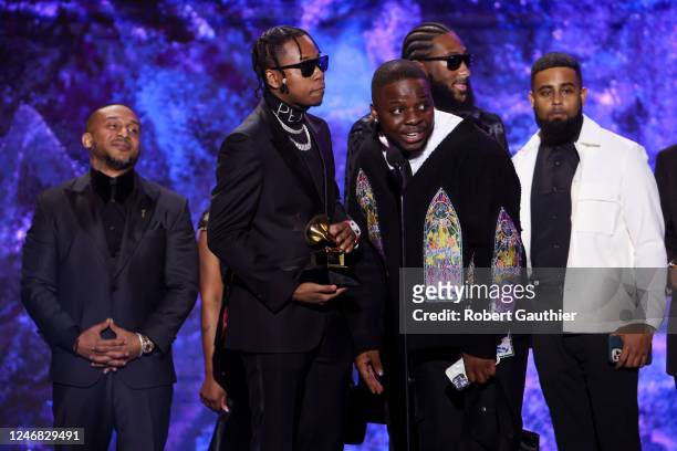 65th GRAMMY AWARDS Winner of melodic rap performance Future and Drake & Tems on stage at the Grammy pre-telecast at the Microsoft Theather on...