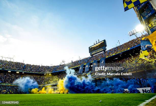 Fans of Boca Juniors cheer for their team before a match between Boca and Central Cordoba as part of Liga Profesional 2023 at Estadio Alberto J....