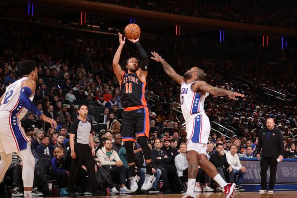 Jalen Brunson of the New York Knicks shoots the ball during the game against the Philadelphia 76ers on February 5, 2023 at Madison Square Garden in...