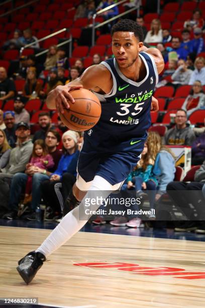 Dozier of the Iowa Wolves handles the ball against the Austin Spurs during an NBA G-League game on February 5, 2023 at the Wells Fargo Arena in Des...