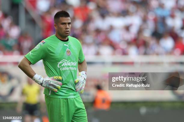 Miguel jimenez goalkeeper of Chivas looks on during the 5th round match between Chivas and Queretaro as part of the Torneo Clausura 2023 Liga MX at...