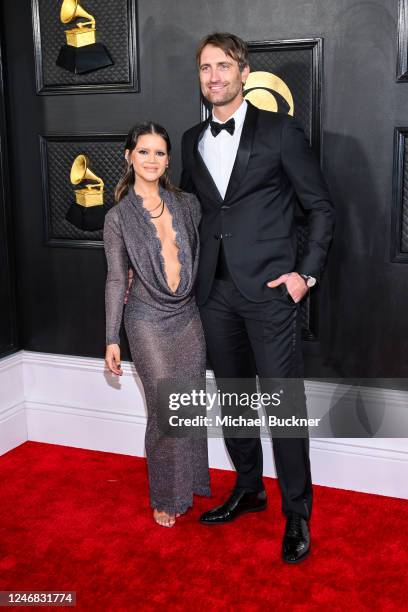 Maren Morris and Ryan Hurd arrive at the 65th Annual GRAMMY Awards held at Crypto.com Arena on February 5, 2023 in Los Angeles, California.