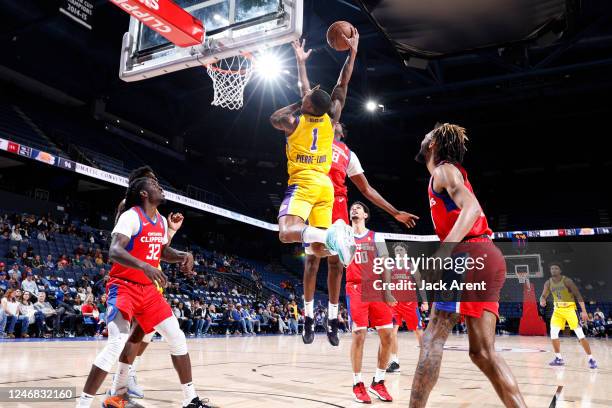 Nate Pierre-Louis of the South Bay Lakers shoots the ball against the Ontario Clippers during an NBA G-League game on February 5, 2023 at the Toyota...