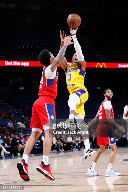 Shaw Harrison of the South Bay Lakers shoots the ball against the Ontario Clippers during an NBA G-League game on February 5, 2023 at the Toyota...
