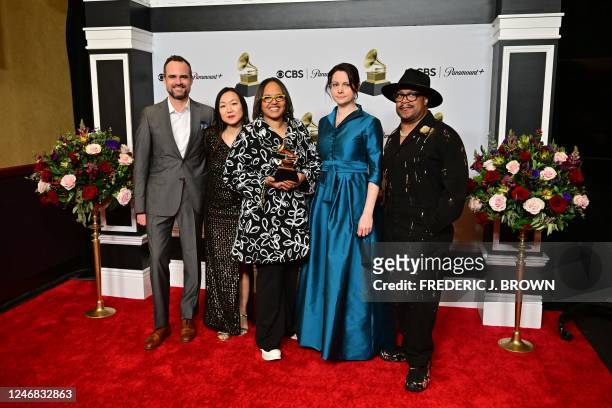Matthew Stevens, Linda May Han Oh, Terri Lyne Carrington, Kris Davis, and Nicholas Payton hold the award for Best Jazz Instrumental Album in the...