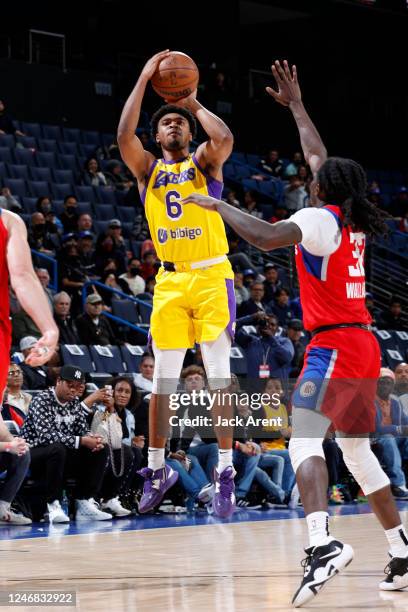 Bryce Hamilton of the South Bay Lakers shoots the ball against the Ontario Clippers during an NBA G-League game on February 5, 2023 at the Toyota...