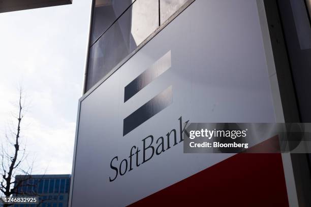 Signage displayed outside a SoftBank Corp. Store in Tokyo, Japan, on Sunday, Feb. 5, 2023. SoftBank Group Corp. Is scheduled to release its...