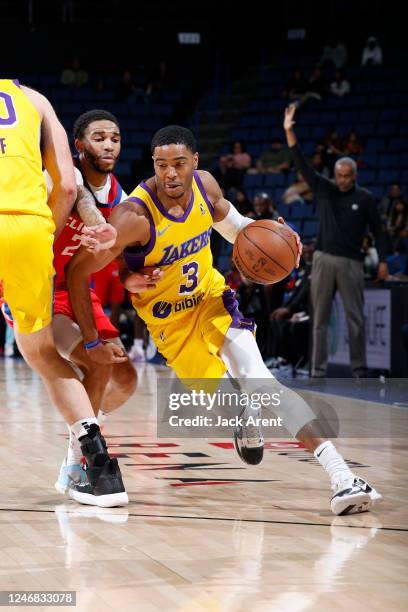 Shaw Harrison of the South Bay Lakers dribbles the ball against the Ontario Clippers during an NBA G-League game on February 5, 2023 at the Toyota...