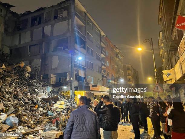 View of the destroyed building after 7.4 magnitude earthquake jolts Turkiye's Kahramanmaras province, on February 6, 2023 in Malatya, Turkiye.