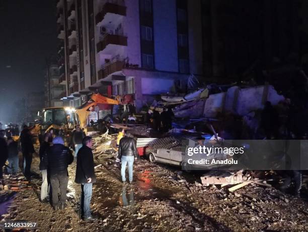 View of the destroyed building after 7.4 magnitude earthquake jolts Turkiye's Kahramanmaras province, on February 6, 2023 in Gaziantep, Turkiye.