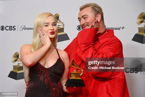 Kim Petras and Sam Smith pose with their award for Best Pop Duo/Group Performance for Unholy in the Press Room at the 65th Annual GRAMMY Awards held...