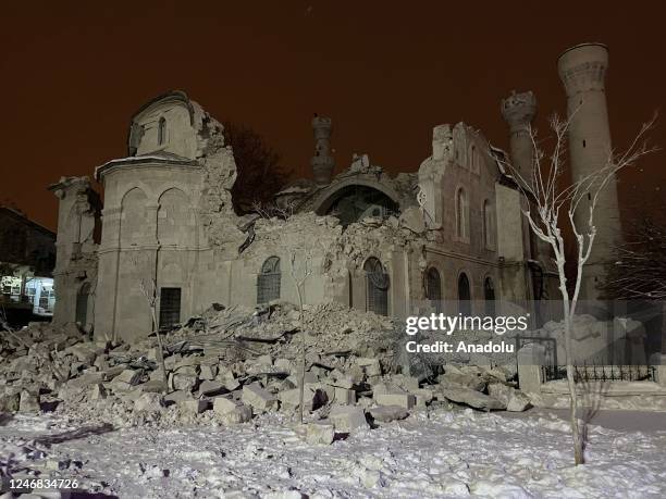 View of partially damaged historical Yeni Mosque after the earthquake on February 6, 2023 in Malatya, Turkiye. Search and rescue works continue in...