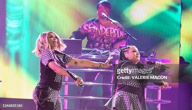 Hip-Hop group Salt-N-Pepa and US rapper Spinderella perform onstage during the 65th Annual Grammy Awards at the Crypto.com Arena in Los Angeles on...